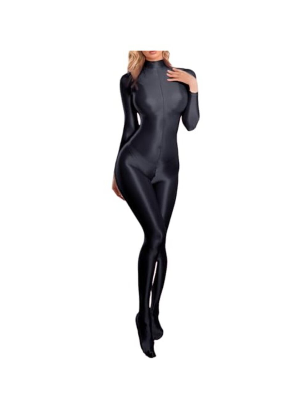 Women's Oil Shiny Glossy Full Bodysuit Long Sleeve One Piece Zipper Crotch